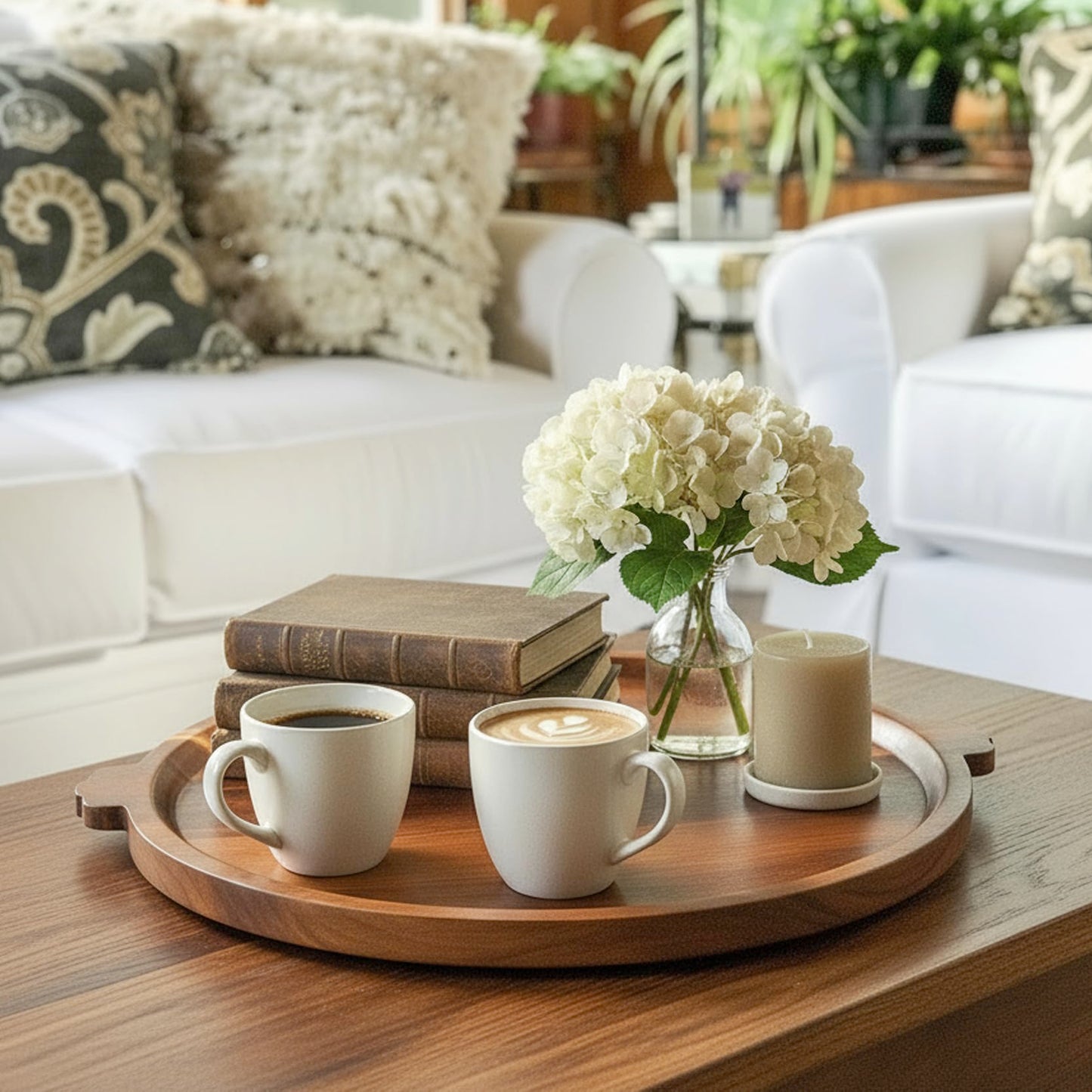 Charcuterie Board | Acacia Wood Serving Tray with Handles 13'' | Round Decorative Ottoman Coffee Table Tray | Circular Wooden Cheese Board Serving Platter for Party Supplies | Includes 1 Board