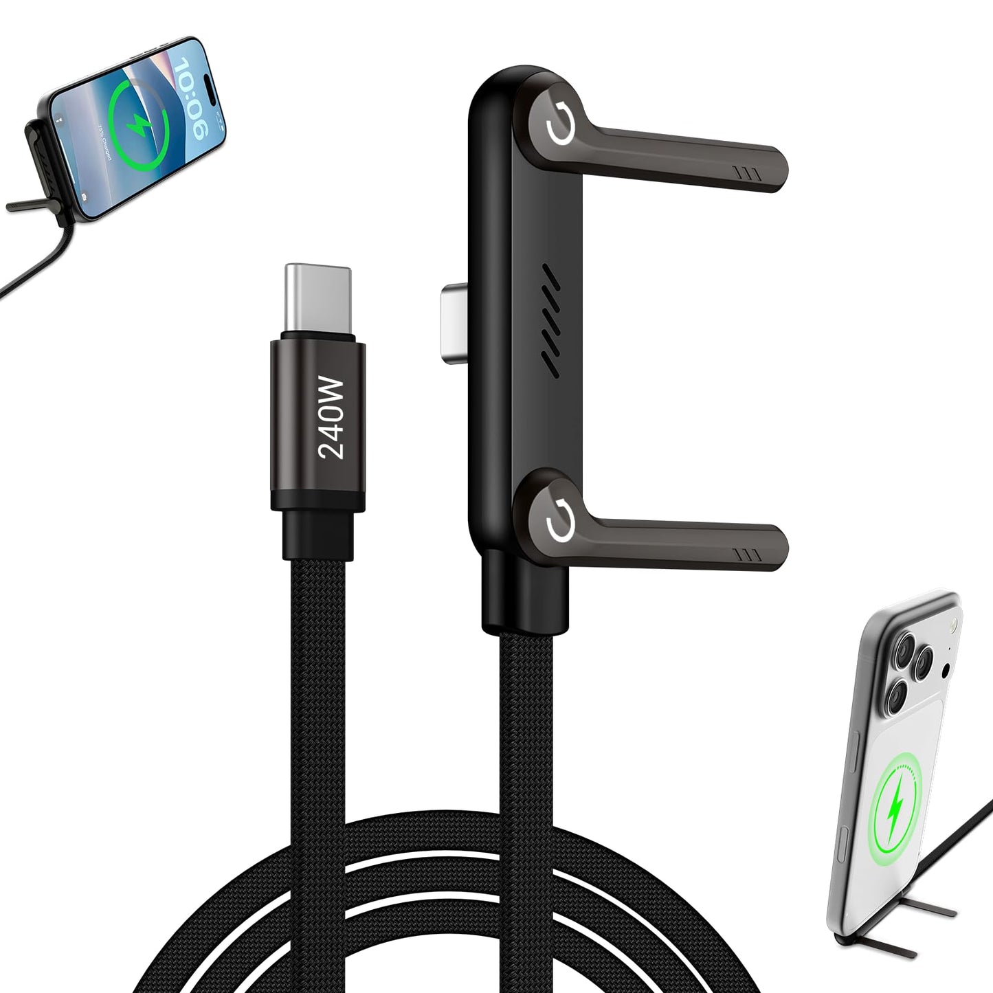 Konstreet 2-in-1 Invisible Stand Fast Charging Cable 240W Type-C Braided Fast Charging Cable Built-in Phone Stand 2 in 1 Phone Holder Cable for Suitable for Gaming Office and Travel Black