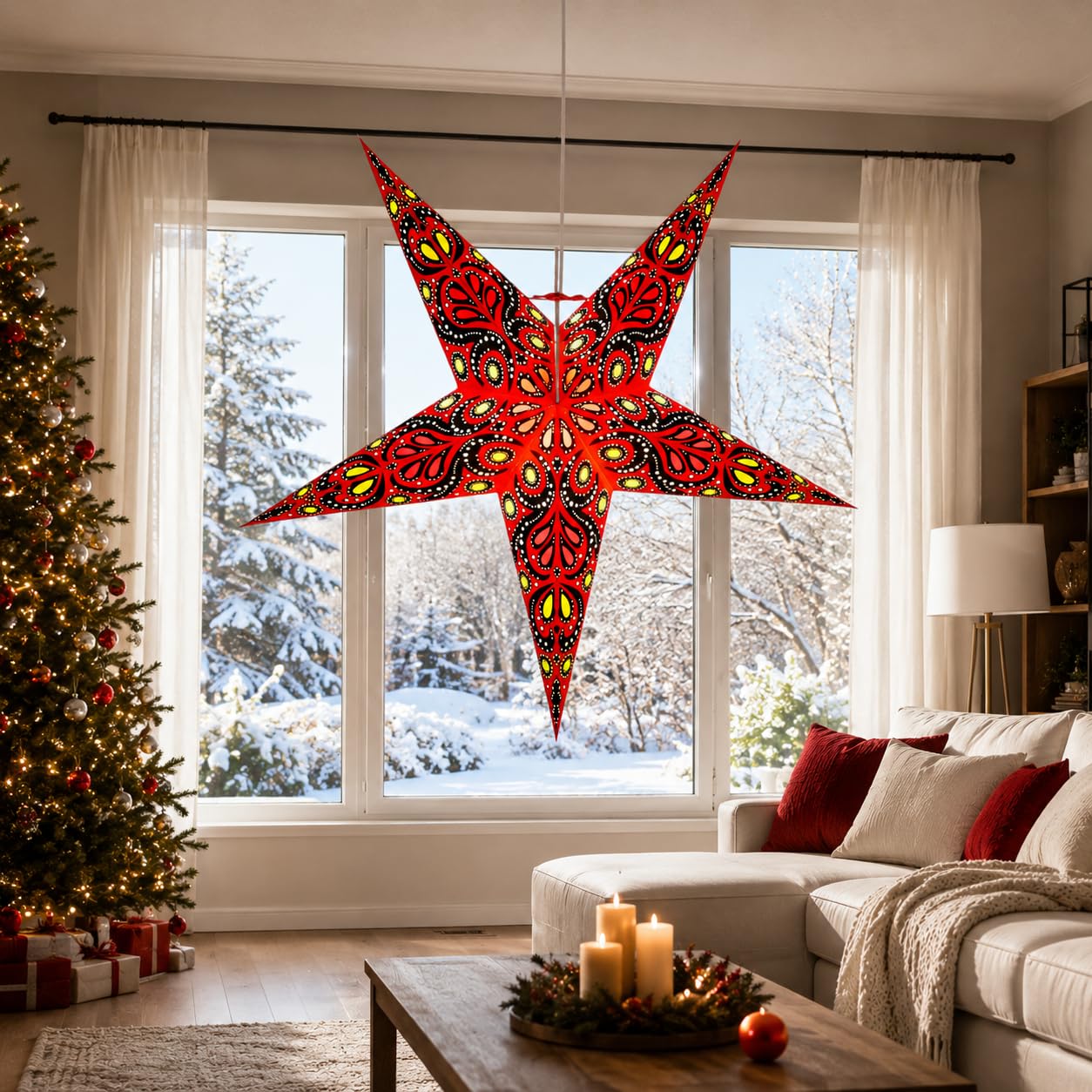 YEPSIO Lantern Lampshade Paper Star Light Shades Large 60cm Hanging Decorations for Christmas Wedding Home Decoration Birthday Party Foldable 5 Pointed Star (Red, Black, Yellow)