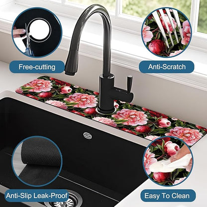 Blooming Peony Sink Splash Guard Pink Peony Flowers Faucet Absorbing Mat Fast