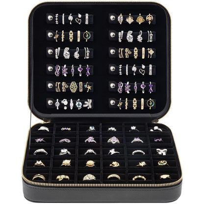 Luxury Velvet Ring Storage Organizer Case, Leather Ring Holder for Women/ Girls/ Mothers/ Wife, Portable Jewelry Display Box with Large Capacity for 90+ Rings, Earrings, Necklaces - Black(Case Only)