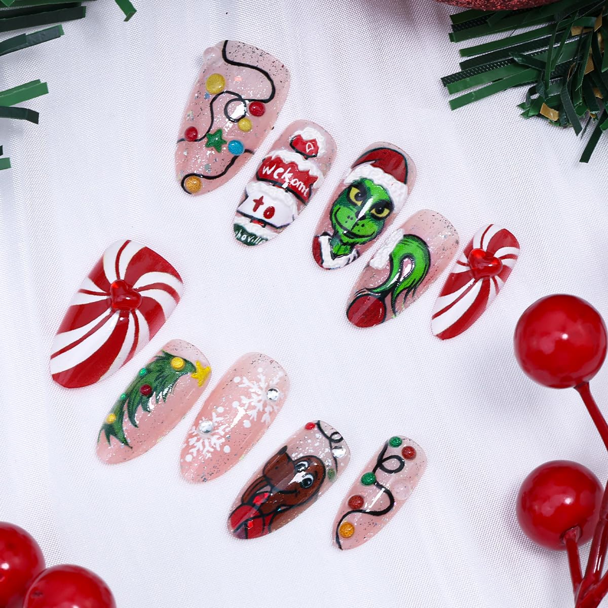 30Pcs Christmas Press on Nails Medium Almond Fake Nails 3D Rhinestones Xmas Tree Lamp Strip Design Handmade False Nails Cute Monster Acrylic Nail Snowflake Gems Glue on Nails for Women Winter Manicure