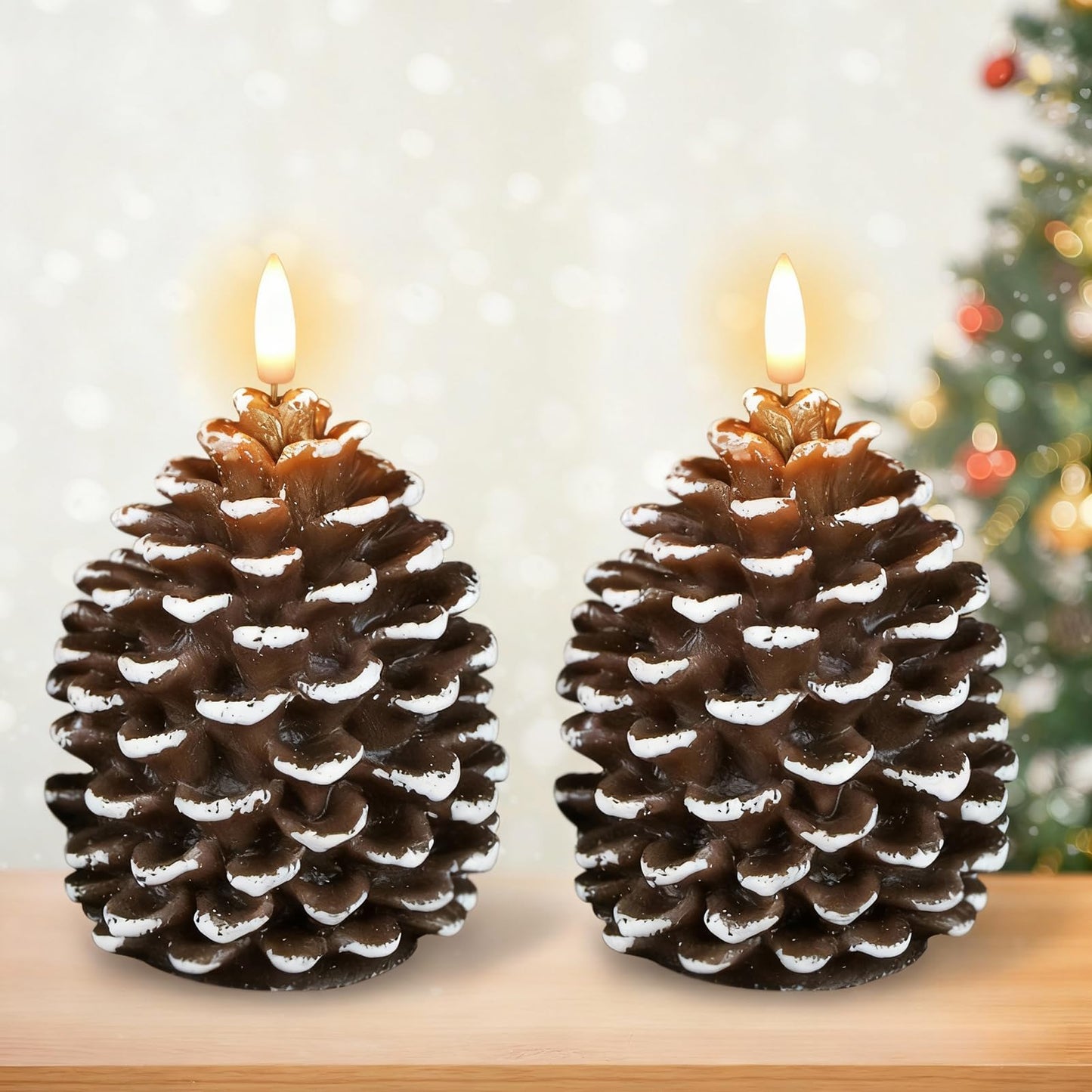 DRomance Flameless Pinecone Candles Battery Operated with 6 Hour Timer Set of 2 Real Brown Wax 3D Wick LED Flickering Pillar Candles Christmas Holiday Decor(White, 3.5 x 6 Inch)