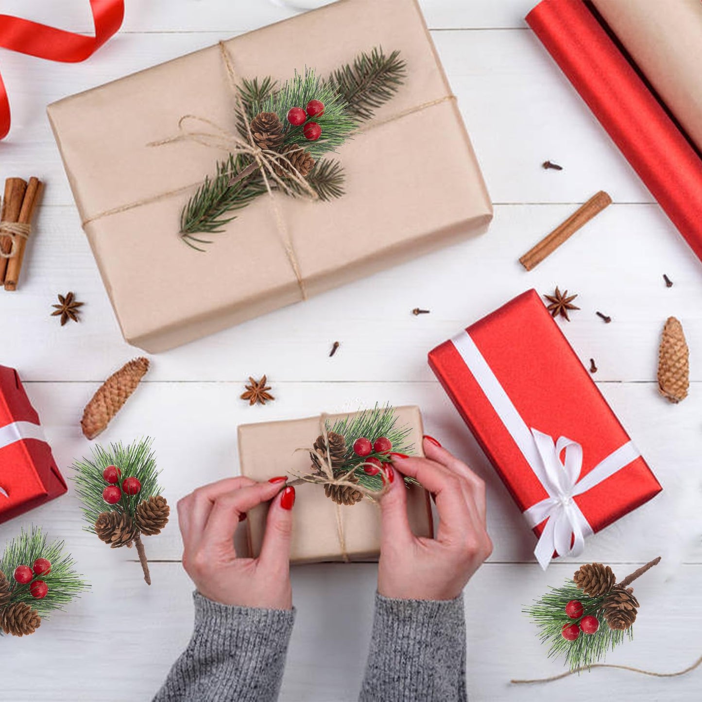 12pcs Christmas Floral Picks, Artificial Pine Pick Christmas Pinecone Berry Pick Stems Pine Tree Needles Branches Decoration for Xmas Tree DIY Craft Flower Arrangements Wreaths Party Supply