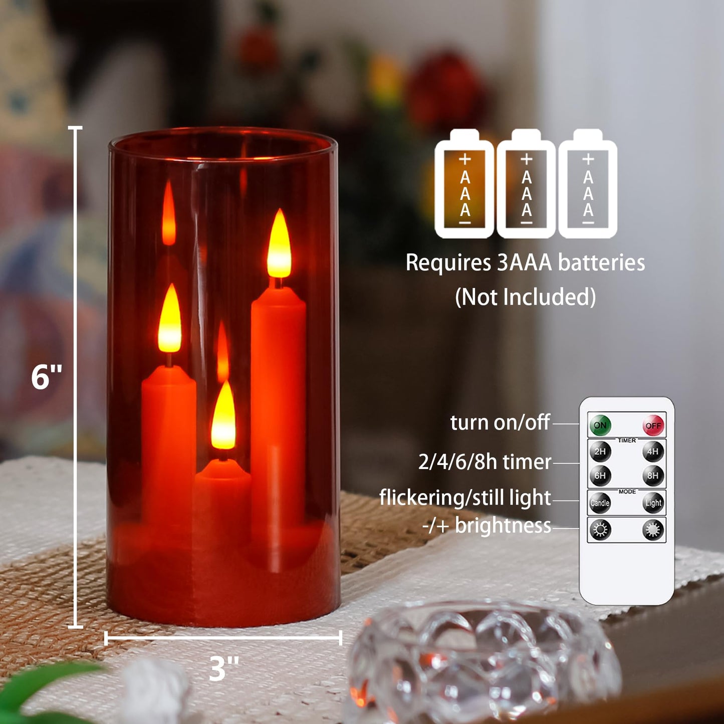 Zevanor 3 in 1 Flameless Taper Short Candles with 10 Key Remote Control and Timer, Battery Operated Pack of 2 LED Acrylic 3" x6" Red Pillar Flickering Warm Light