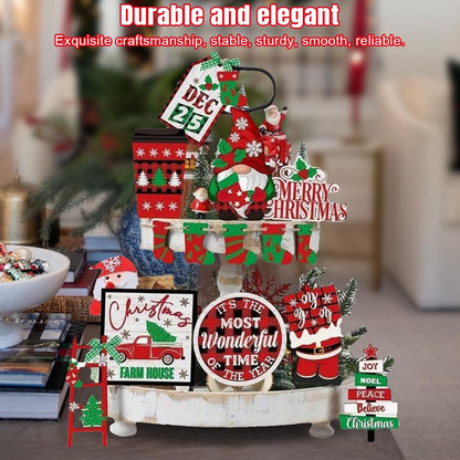FRANDEK 14Pcs Christmas Tiered Tray Decoration Set, Wooden Winter Holiday Decor with Santa Gnome Sock Designs, Fireplace Mantel Centerpiece Decorations for Home Shelf Fireplace Kitchen Home Party