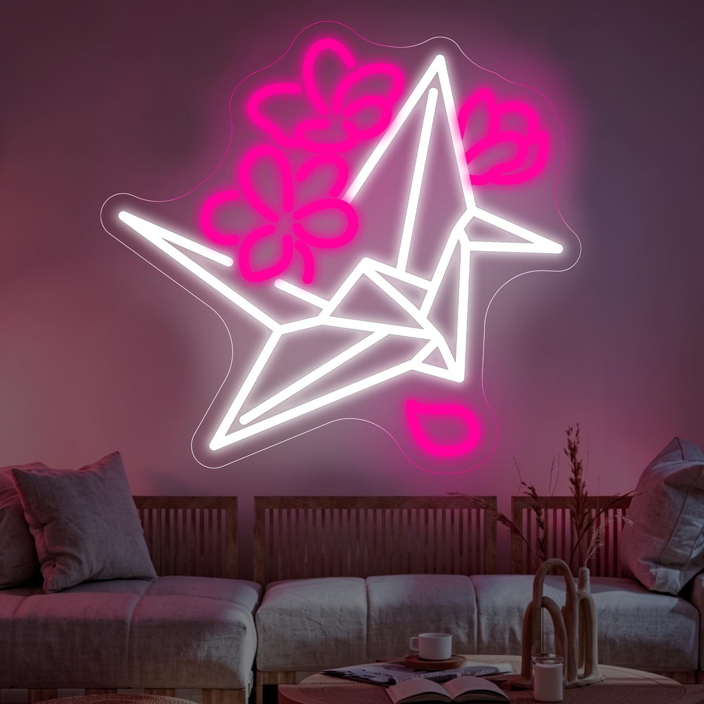 Origami Paper Crane Neon Sign, Flower Crane LED Neon Sign Wall Decor for Bedroom Living Room, Neon Signs for Wall Decor Aesthetic Gift for Her 13.8” × 13”