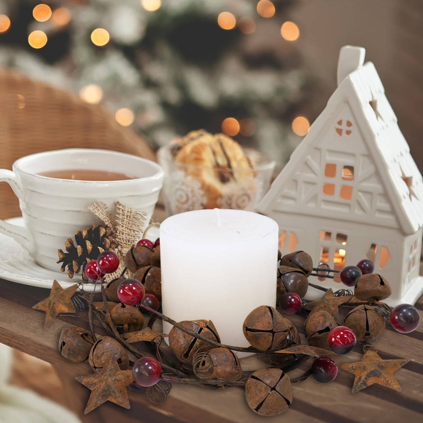 Winlyn 4 Pcs Christmas Jingle Bells Candle Rings Rusty Bells and Stars Wreaths Burgundy Berries 4.1" Center Mini Decorative Wreaths for Primitive Farmhouse Holiday Home Table Decoration Centerpiece