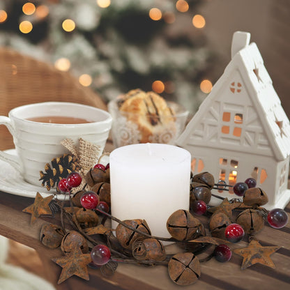 Winlyn 4 Pcs Christmas Jingle Bells Candle Rings Rusty Bells and Stars Wreaths Burgundy Berries 4.1" Center Mini Decorative Wreaths for Primitive Farmhouse Holiday Home Table Decoration Centerpiece