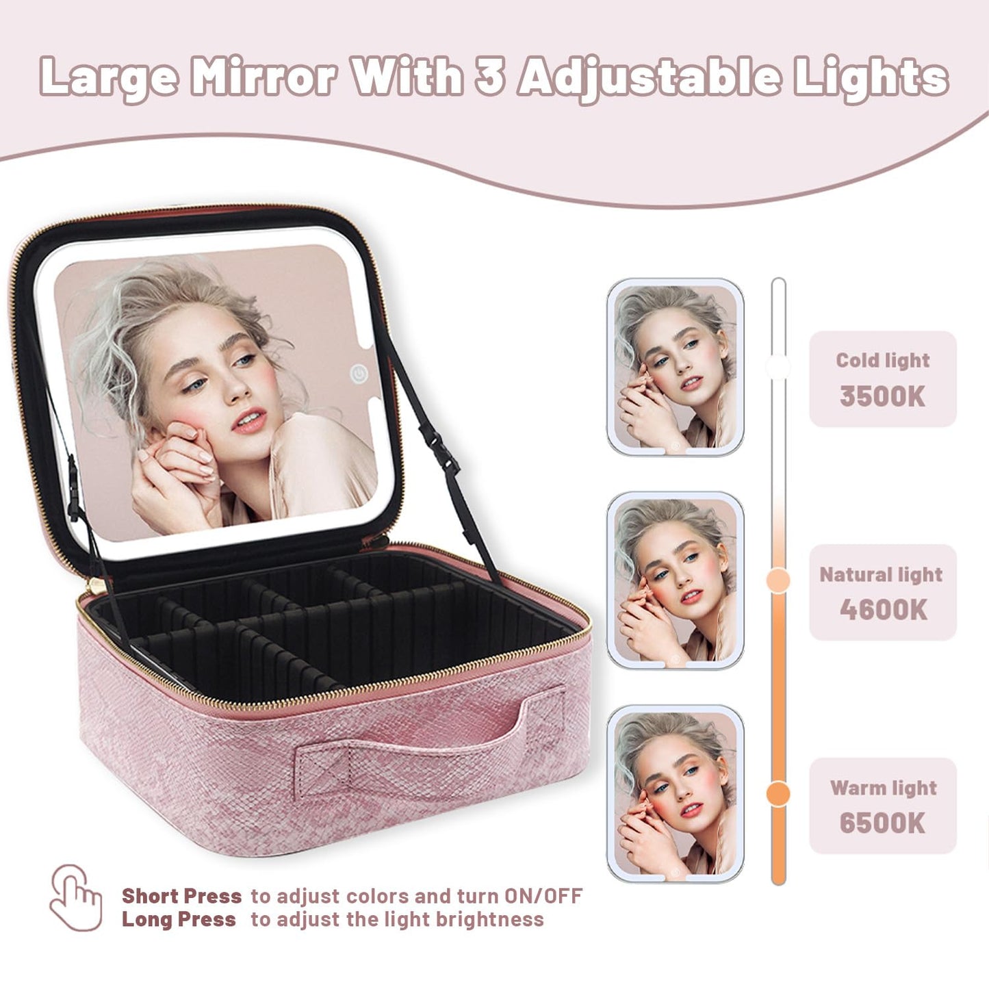 PRALENA Travel Makeup Bag with LED Mirror – 3 Brightness Modes, Portable Lighted Makeup Case with Adjustable Dividers, Cosmetic Organizer Gift for Women (Pink)