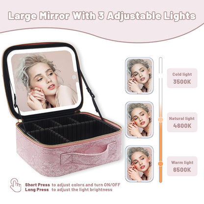 PRALENA Travel Makeup Bag with LED Mirror – 3 Brightness Modes, Portable Lighted Makeup Case with Adjustable Dividers, Cosmetic Organizer Gift for Women (Pink)