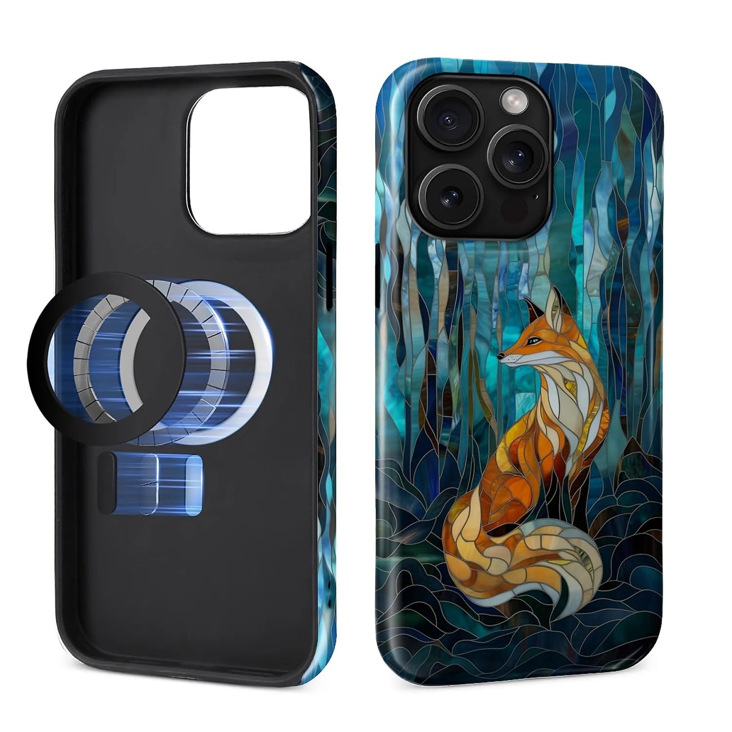 SKAMIX Magnetic Phone Case for iPhone 15 Pro Max,Compatible with MagSafe,Durable 2 Layers Full Covered Shockproof Protective Cover-Glassy Forest Fox