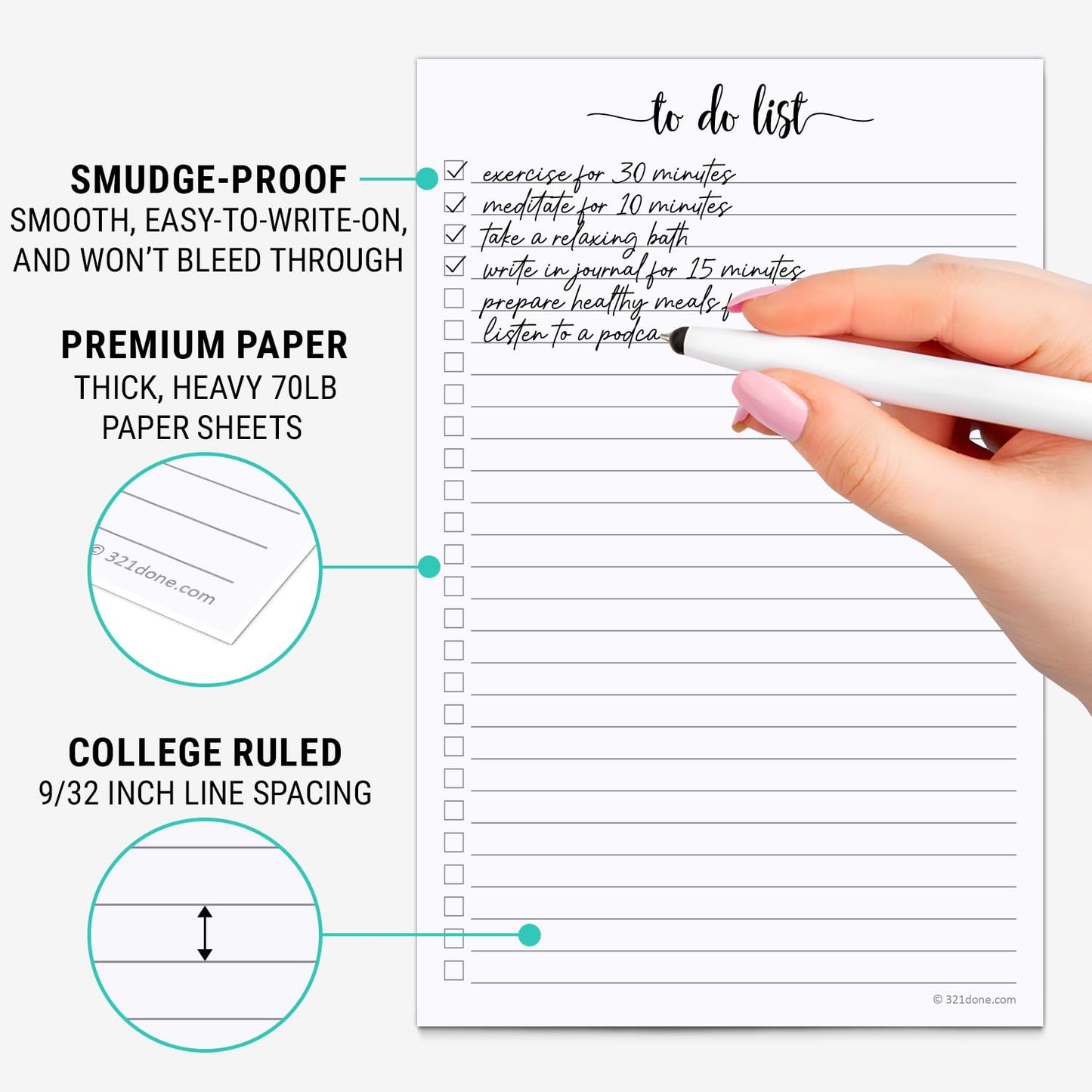321Done To Do List Notepad, Made in USA - 5.5x8.5, Simple Checklist, Cute Modern Design for Organizing, Planning, College Ruled, Thick Heavy Paper - 50 Sheets