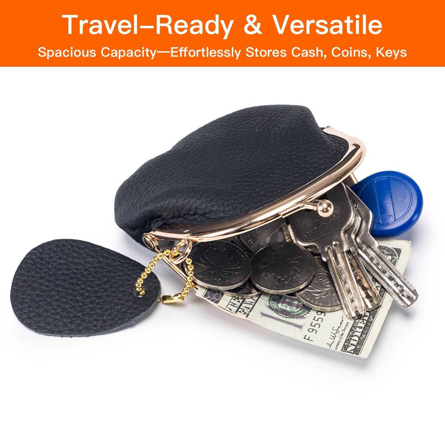 Leather Kisslock Coin Purse for Women, Compact Vintage Style Coin Pouch with Key Holder, Gift for Girls (Black)