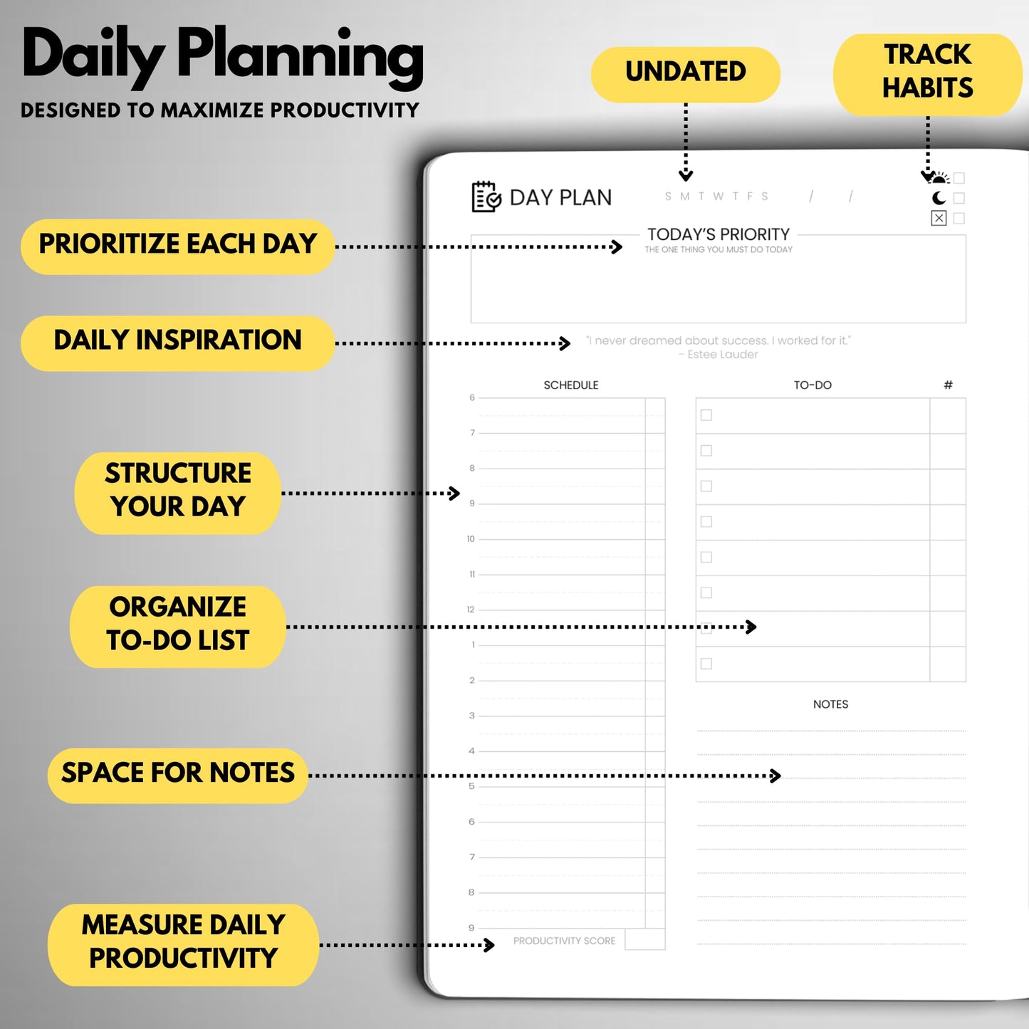 Wyze Planner Undated Daily Planner – 6-Month A5 Productivity Organizer with Full Page Per Day, Hourly Schedule, Goal Setting, Habit Tracker, Weekly & Monthly Pages – Hardcover Time Management Notebook (Black)