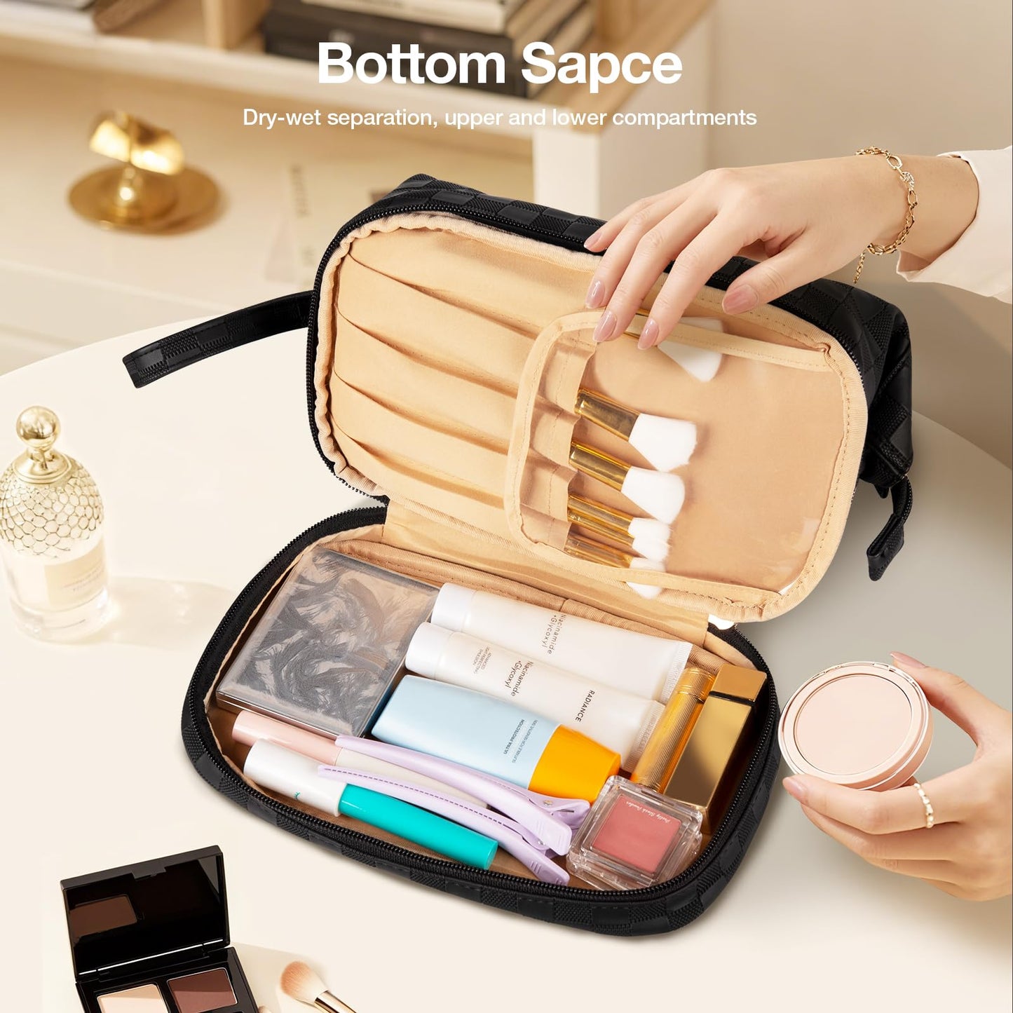 Abiudeng Large Makeup Bag for Women,Travel Makeup Organizer with Brush Holder, Dopp Kit Essentials,Waterproof Checkered Cosmetic Bag for Traveling,Multi Compartment,Cute,Spacious Capacity-Black