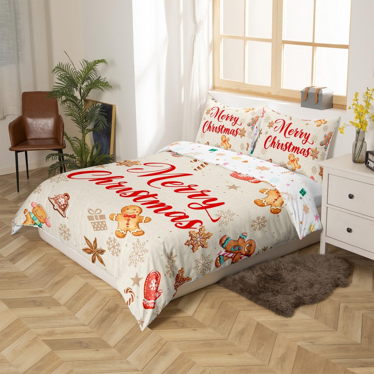 Cute Gingerbread Man Duvet Cover Sets(NO Comforter),Funny Gingerbread Snowflakes and Bells Comforter Cover for Girls Teens,Brown Snowflake Printed Bedding,Cartoon Themed Duvet Set,Queen Size