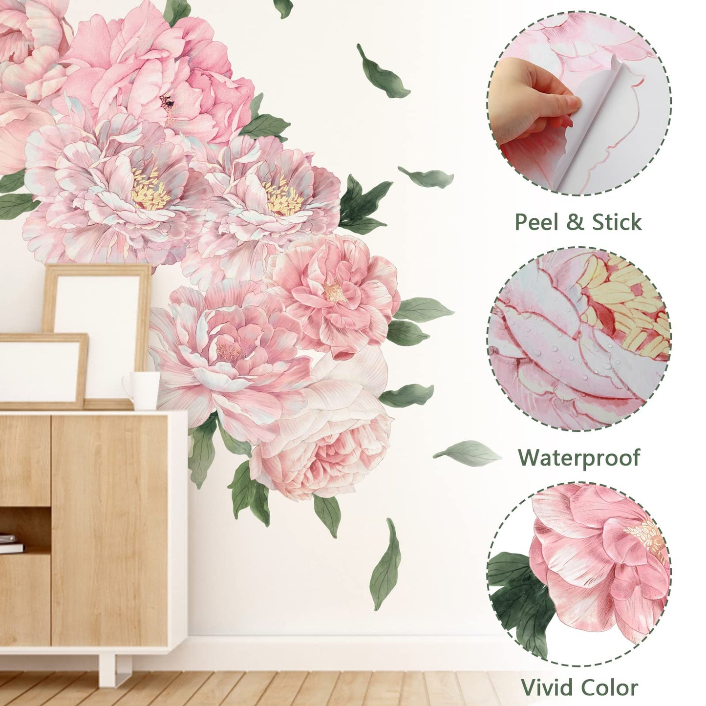Pink Peony Wall Stickers for Nursery Wall Decor Flowers Wall Decals Peel and Stick Kids Floral Decals for Girls Bedroom Living Room Nursery Wall Decor