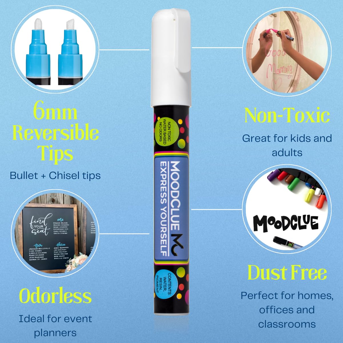 MoodClue Liquid chalk markers washable, erasable, dry or wet erase. 6 neon markers for whiteboards, glass boards, mirrors, chalkboards, windows, car windshields, glass. Non-toxic, reverse tip pens