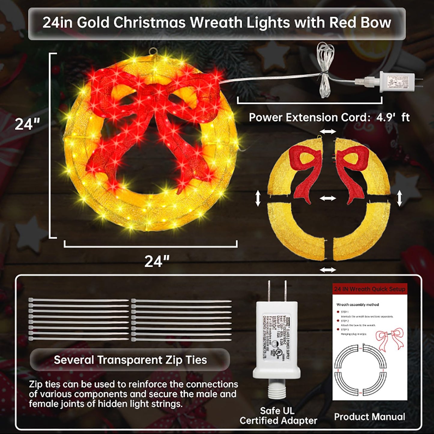 Outdoor Christmas Wreath Decoration - 24" Bright LED Christmas Wreath Lights with Bow, Large Lighted Christmas Wreaths Window Lights for Wall, Windows, Front Door Decor, Red Bow - Gold Wreath