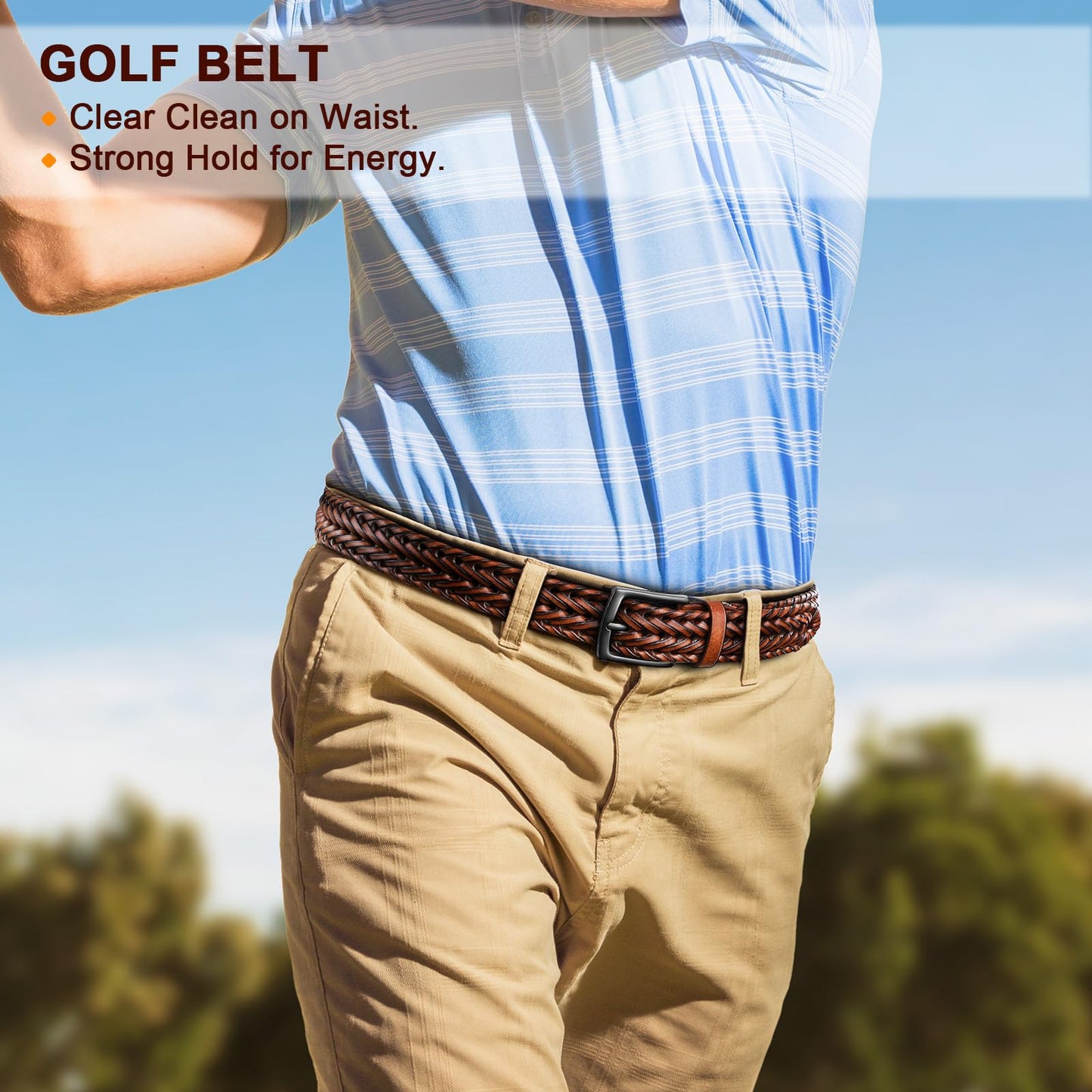 KEMISANT Men Belt, Braided Belt Comfortable For Men Casual Jean Golf 1 3/8"(Light Brown,32"-36" Waist Adjustable)
