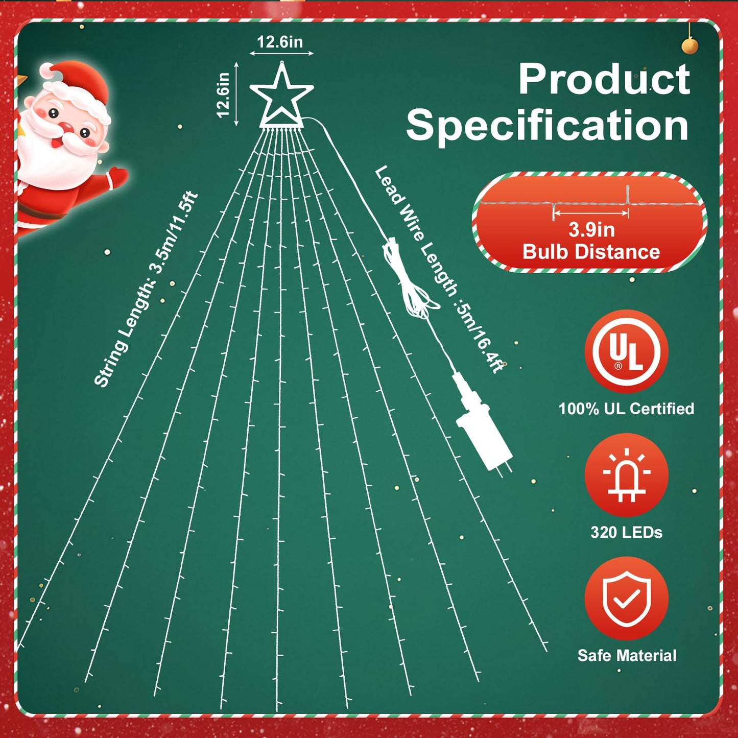 Christmas Decoration Lights, Outdoor Christmas String Lights 320 LED 11.5 Ft Waterfall Tree Light with Big Star Topper 8 Light Modes for Xmas New Year Holiday Garden Yard Indoor Outdoor Decor