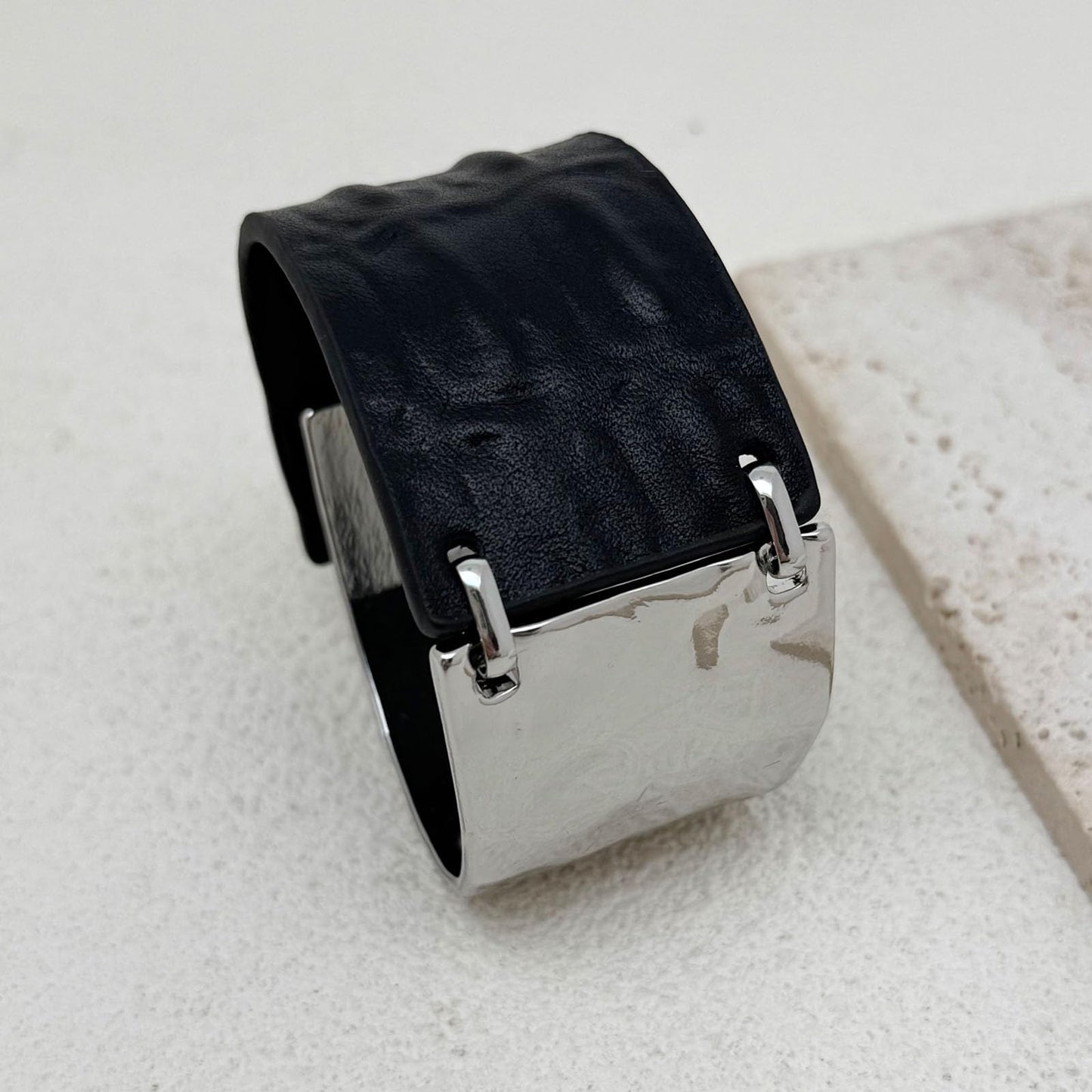 YKKZART Black Bracelet for Women Genuine Leather Cuff Bracelet Silver and Black Leather Wrap Bracelets Birthday Jewelry Gift