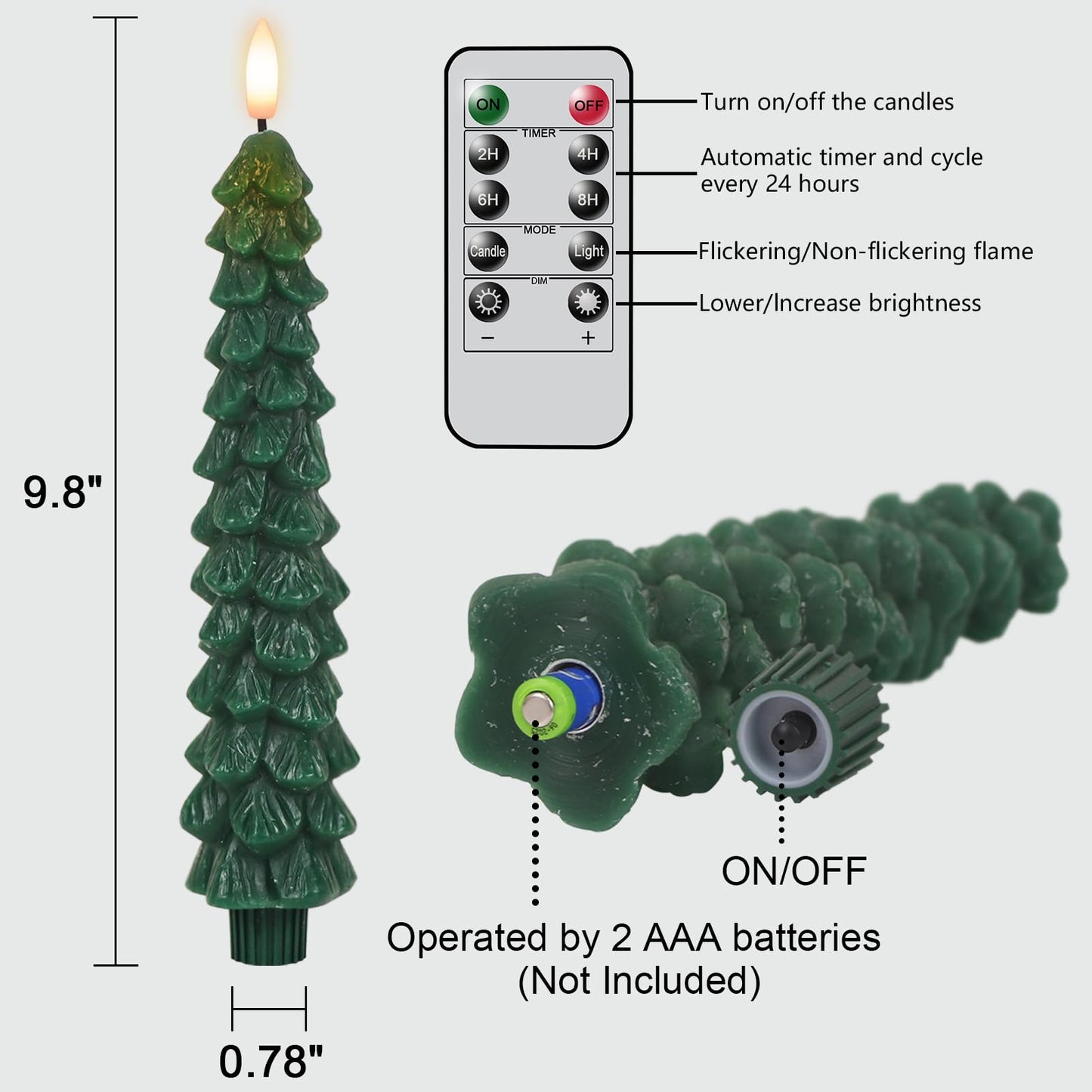 KunSwenn Christmas Tree Candles Battery Operated with Remote Timer, 4 Pcs Christmas Tree Flameless Taper Candles with 3D Flickering Flame, Green LED Tree Candlesticks for Christmas Home Winter Decor