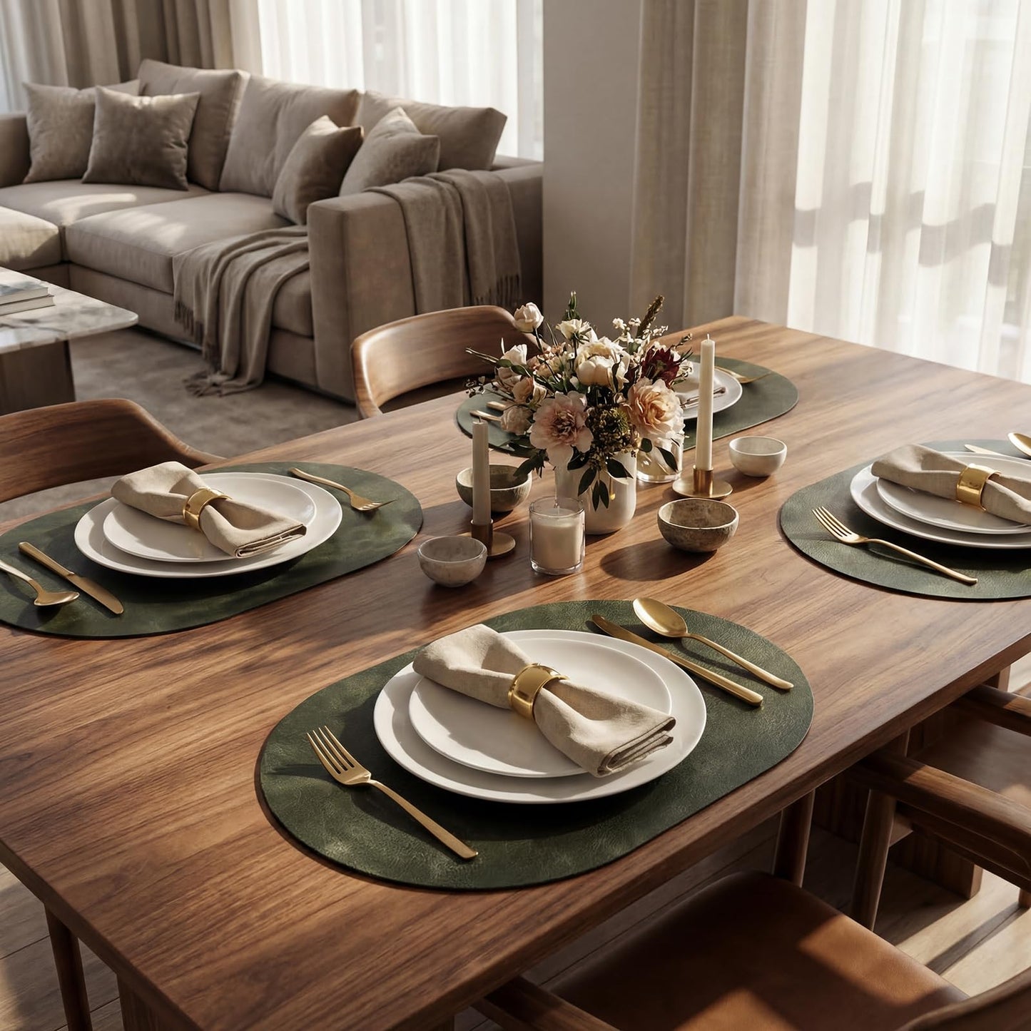 BIPASION Oval Placemats 2mm Ultra Thick Faux Leather Table Mats, Heat Resistant Waterproof Wipeable Dining Mats for Kitchen Table, Set of 6, Olive Green