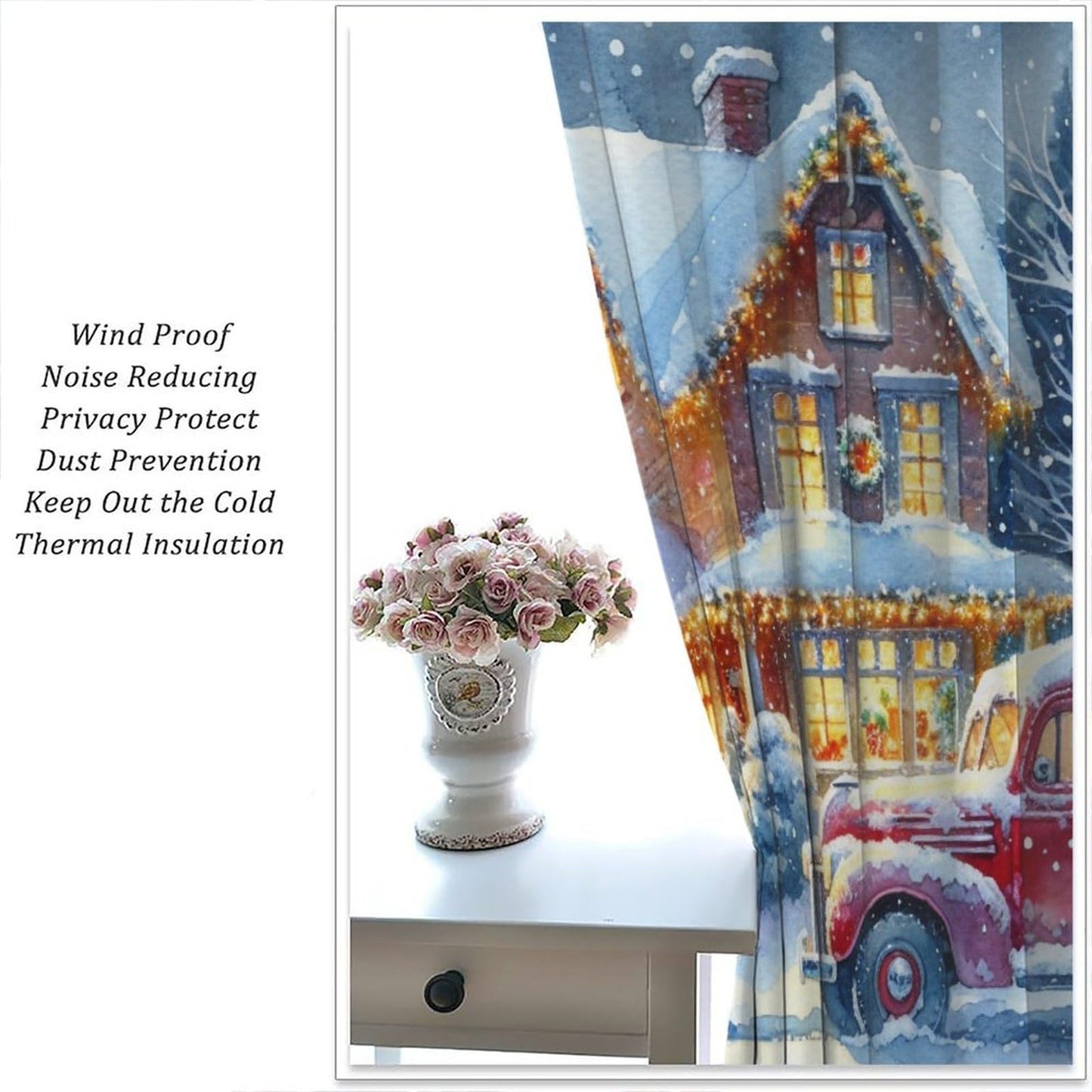 Merry Christmas Curtain Red Truck Xmas Tree Snowman Winter Cabin Holiday Window Treatment for Living Room Bedroom Kitchen Cafe Study Dinin Merry Christmas Decor Window Drapes 42"W X 45"L