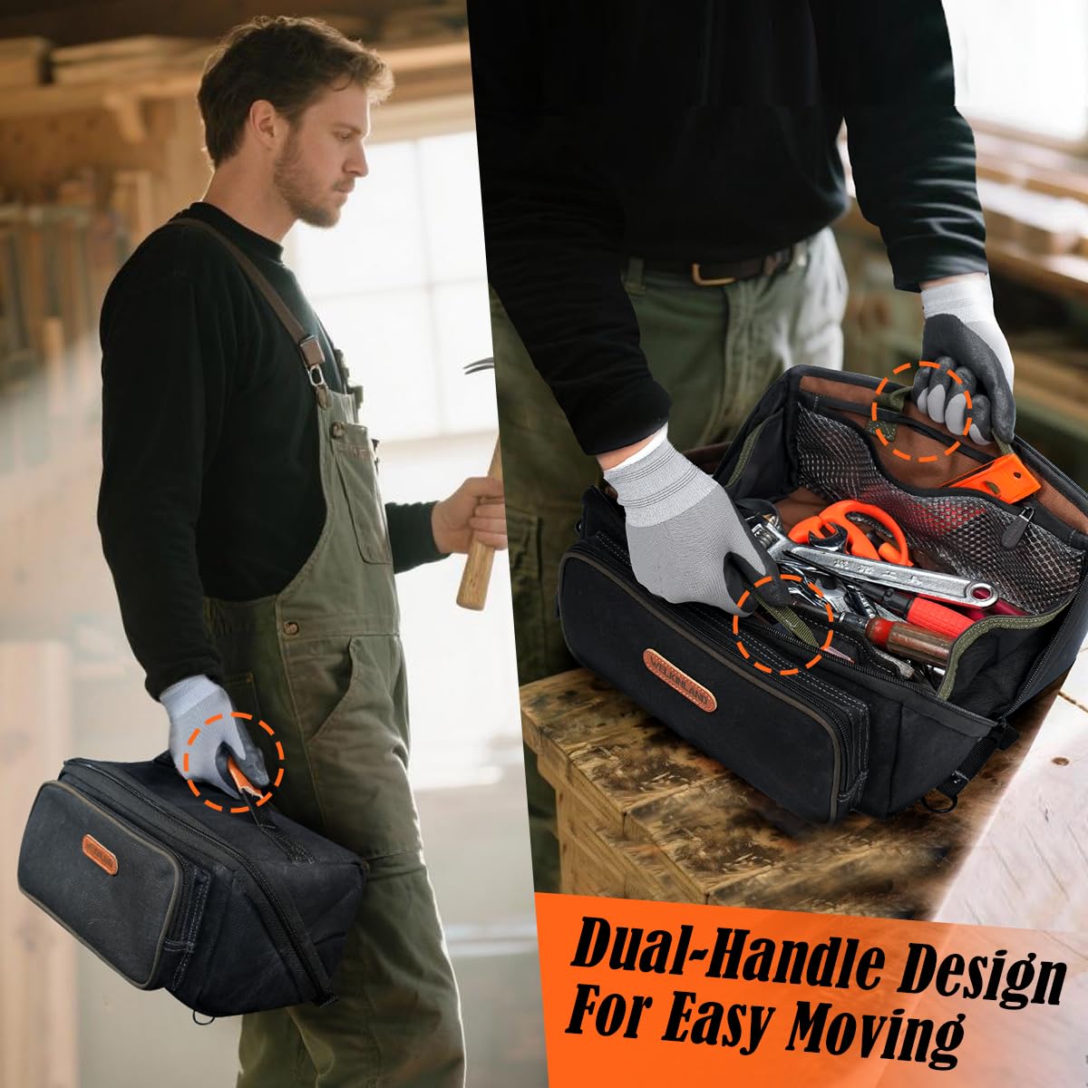 WELKINLAND LayFlat Tool Pouch Organizer, 13-Inch Small Tool Bag, Heavy-Duty Waxed Canvas Tool Pouch, 5-Pocket Small Tool Bags with Zipper, Wide-Open Electrician Tool Bag