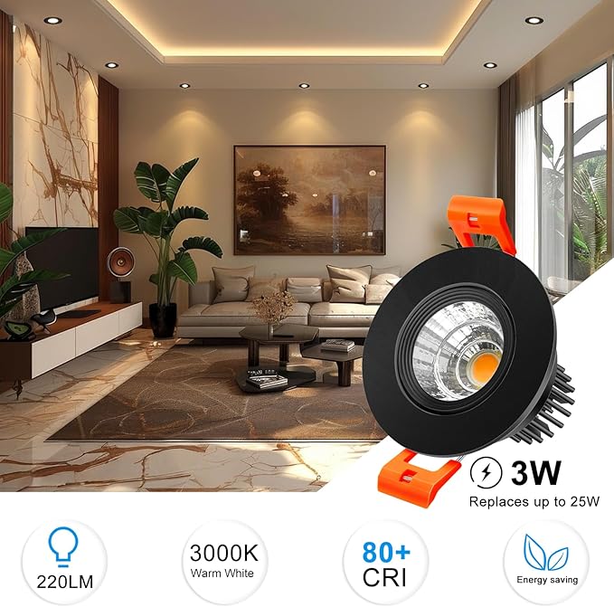 inShareplus 2 Inch LED Downlight, 3W Recessed Lighting 220LM COB Dimmable, 3000K Warm White, CRI80, Black Trim, Ceiling Lights with LED Driver, 20 Pack