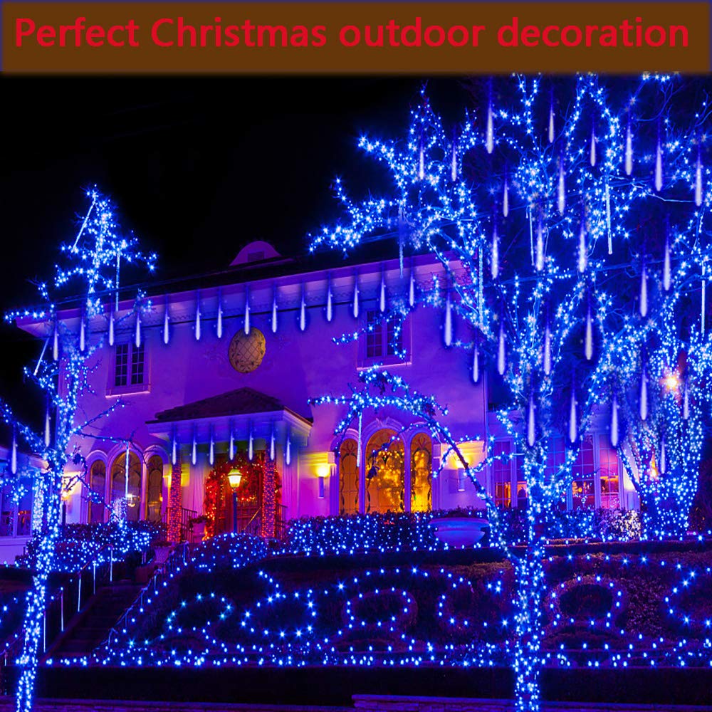 Kwaiffeo Blue Icicle Lights Outdoor, Waterproof Meteor Shower Lights for Christmas Halloween Yard Decorations Outside, UL Plug, 8-Tube