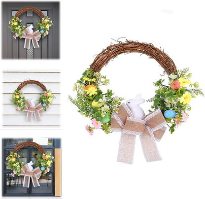 Spring Easter Wreath with Bunny, Floral Decorations, Burlap Bow, 14 inches
