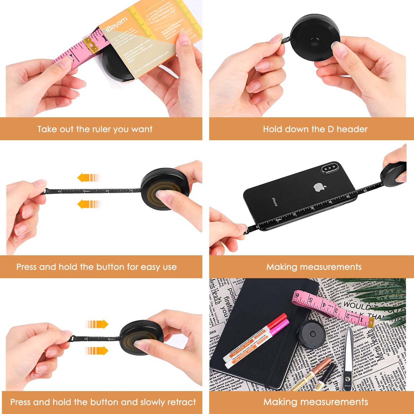 iBayam 2 Pack Tape Measure Measuring Tape for Body Fabric Sewing Tailor Cloth Knitting Vinyl Home Craft Measurements, 60-Inch Soft Fashion Pink & Retractable Black Double Scales Rulers for Body Weight