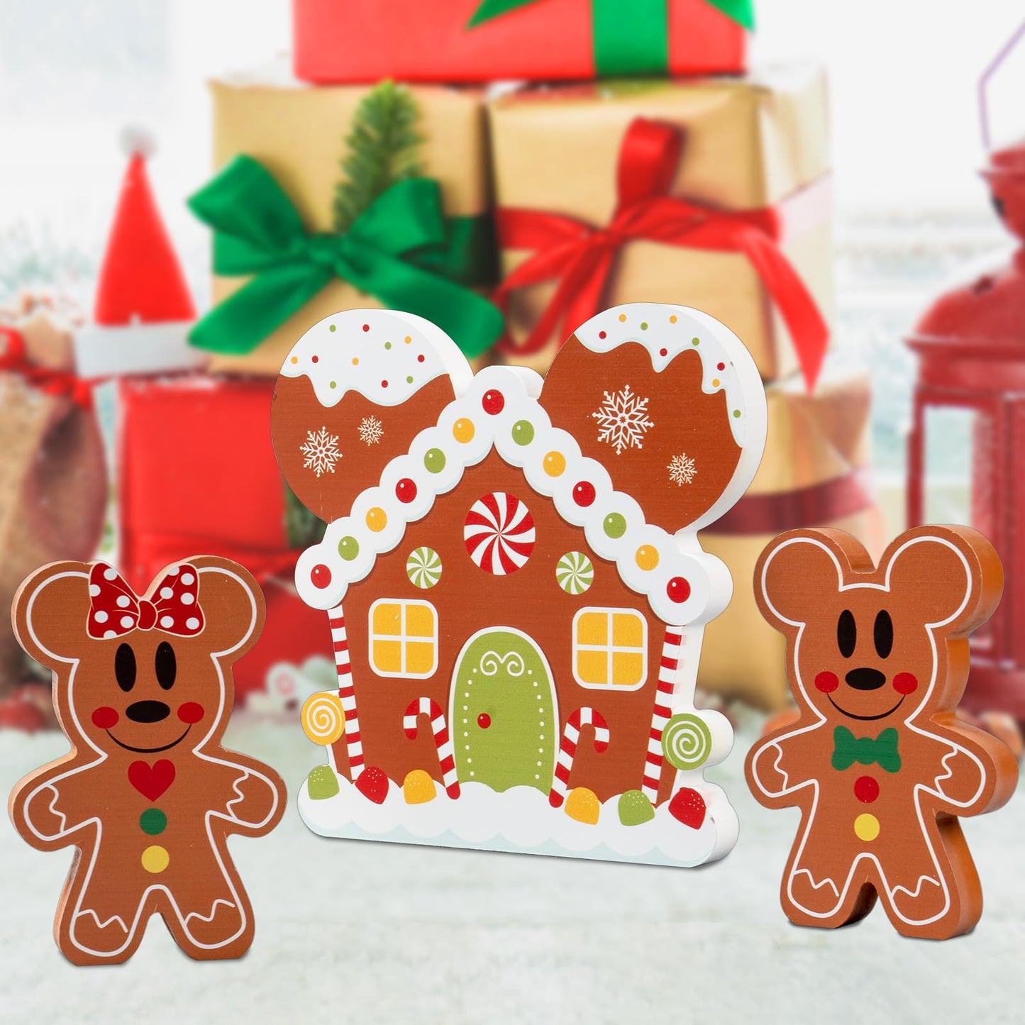 AMUHUA Gingerbread Christmas Table Decoration Set - 3pcs Wooden Gingerbread Mouse Centerpieces Table Decorations for Home Desk Shelf Xmas Party Decor Supplies