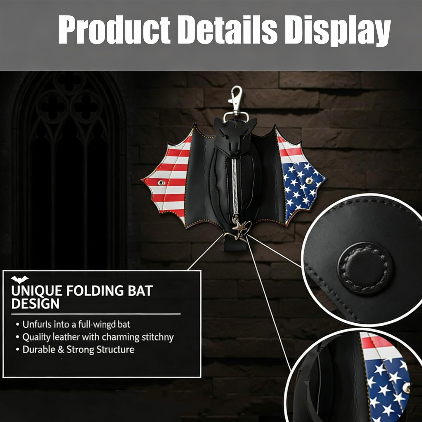 New Gothic Bat Shaped Coin Purse 11.8In, Faux Leather Keychain Zipper Pouch, Portable Mini Wallet for Keys Coins, Halloween & Festival Gifts