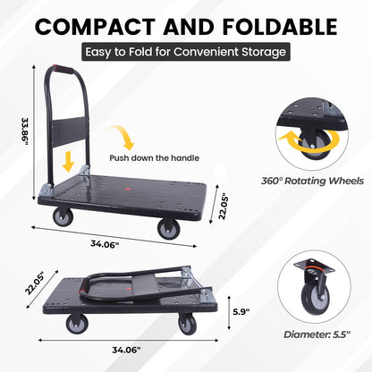 DEGEDUN Foldable Push Cart Dolly 660 lbs,Moving Platform Hand Truck Black,with 360° Swivel Wheels, for Home Garage Workshops, Loading, Storage, Warehouse