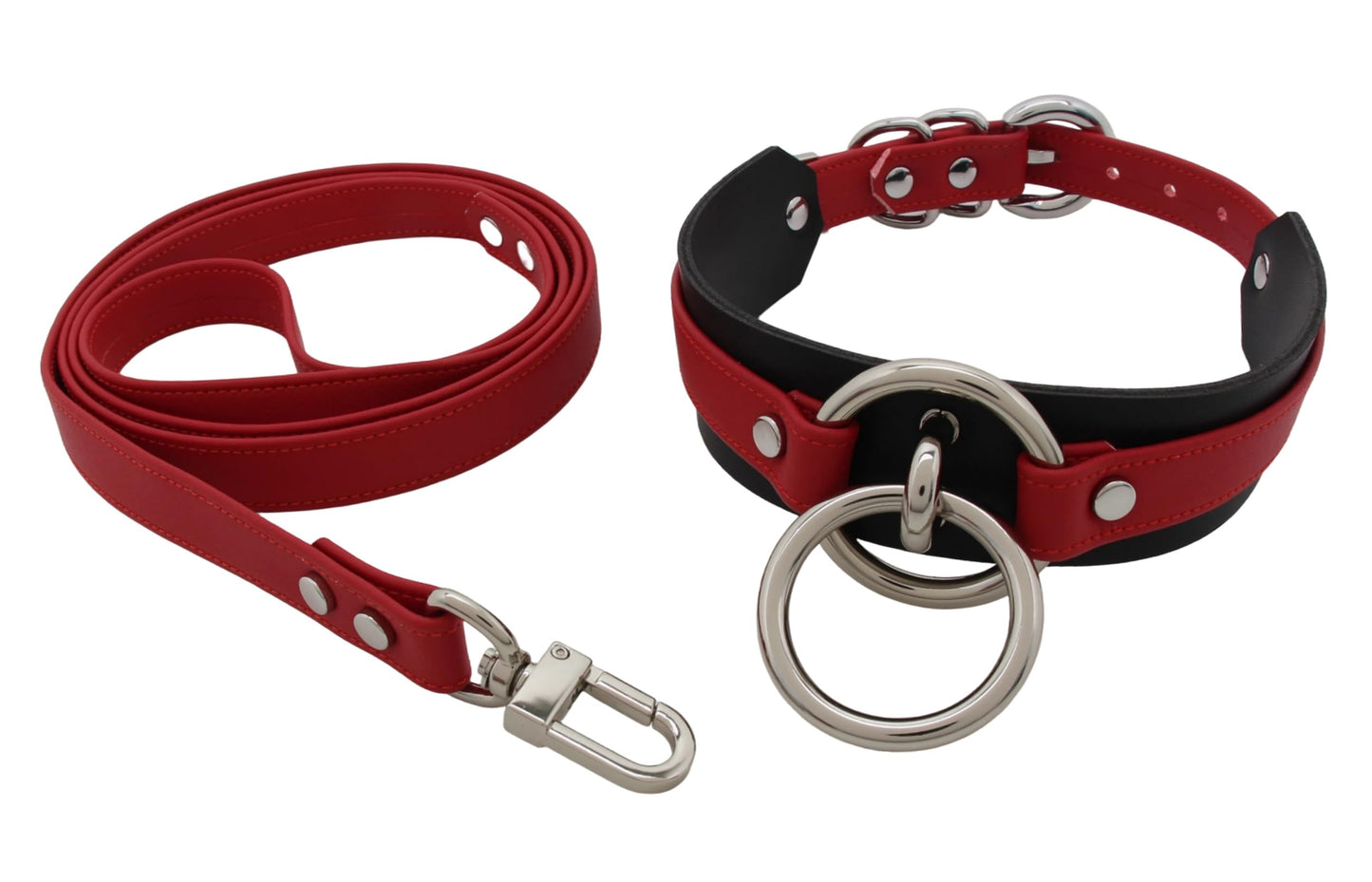 Lookook Fashion O-Ring Faux Leather Choker Necklaces Collar For Womens (Red Black Silver with Leash)