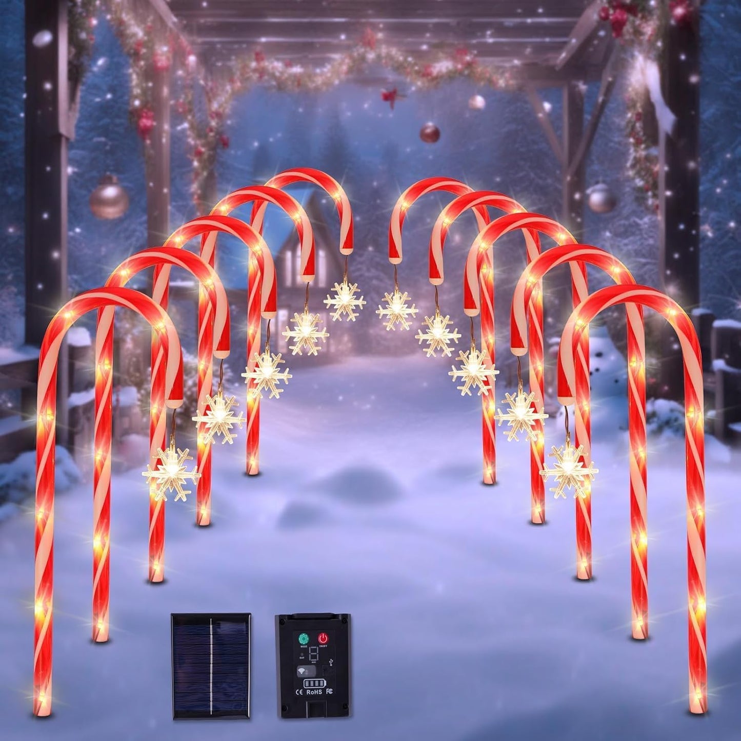 10 Pack Solar Christmas Candy Cane Pathway Lights with Snowflake, Waterproof LED Outdoor Stake Lights for Lawn, Yard, Walkway, Solar Powered Christmas Decorations for Garden, Patio (Warm White)