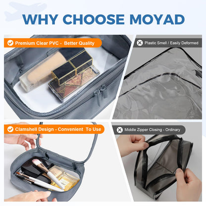Moyad TSA Approved Clear Toiletry Bag, 2 Pack Quart Size 3-1-1 Liquids Pouch for Travel, Transparent Makeup & Cosmetic Organizer for Women Men, Grey