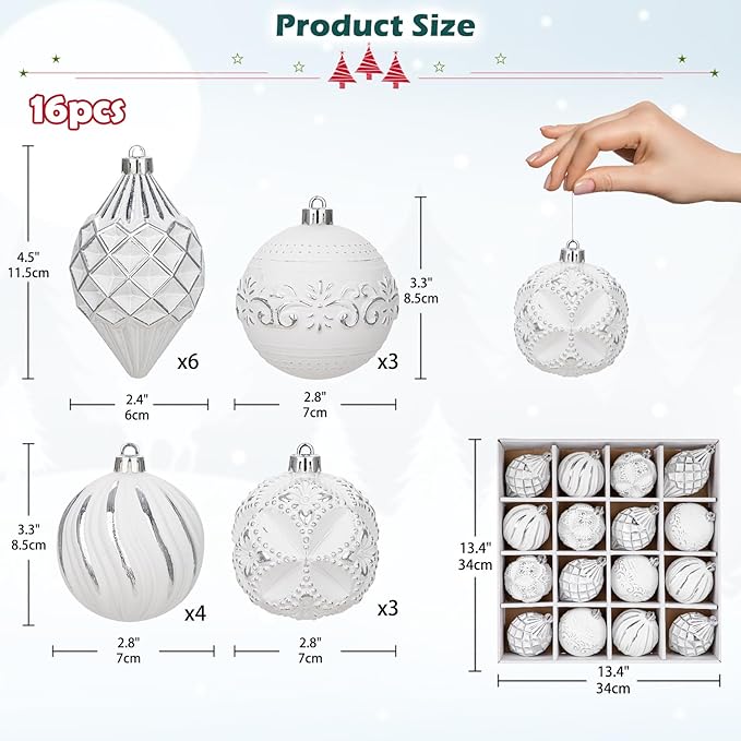 16PCS Shatterproof Christmas Ball Ornaments Set, Hand-Painted Holiday Decor with Assorted Sizes & Designs for Christmas Tree Thanksgiving Party Decoration, Silver-White