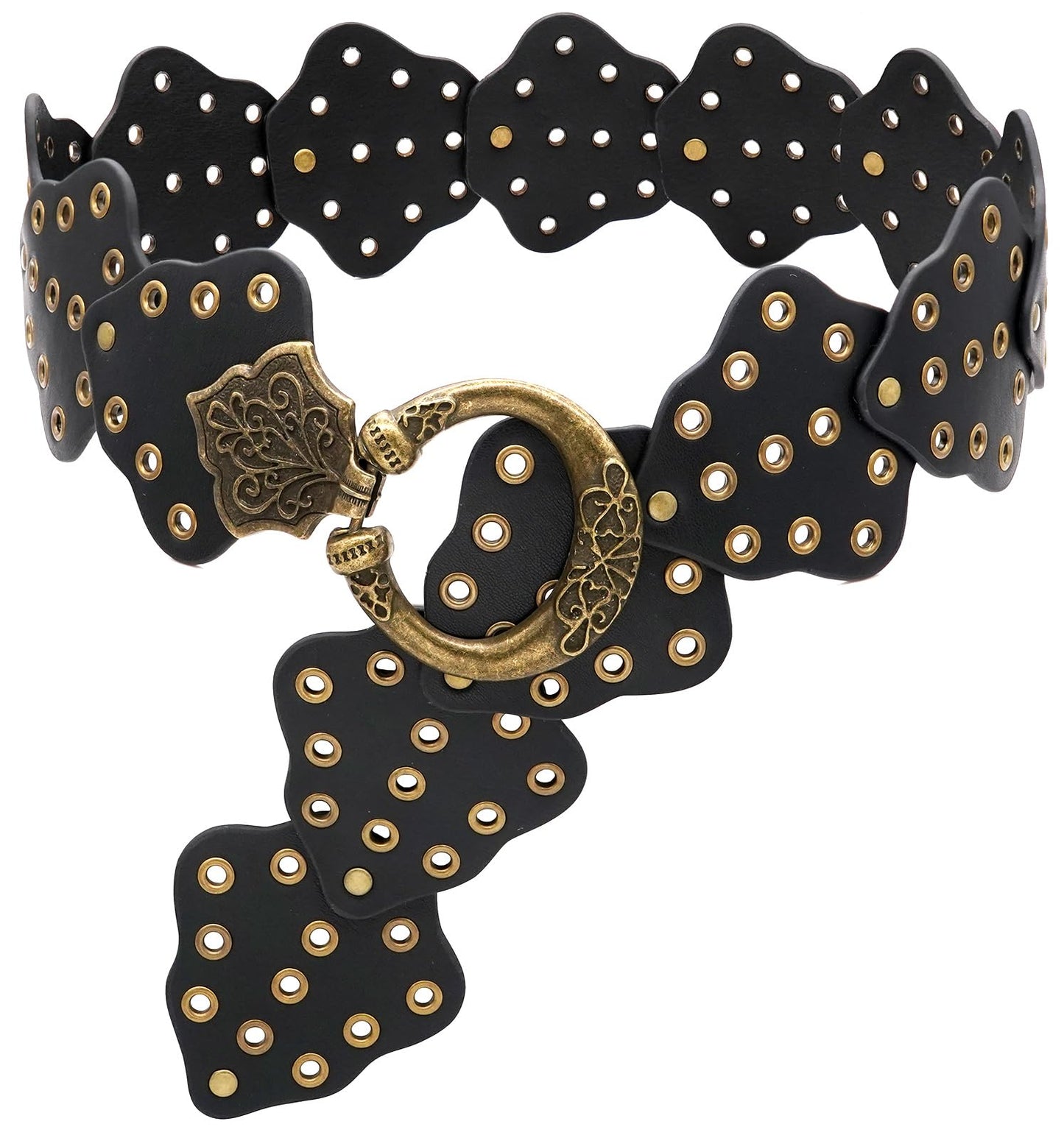 Liutufy Wide Disc Belt for Women Vintage Hollow Boho Leather Belt Western Chunky Waist Belt Cowboy Metal Buckle Concho Belts (Leaf Black A-S)