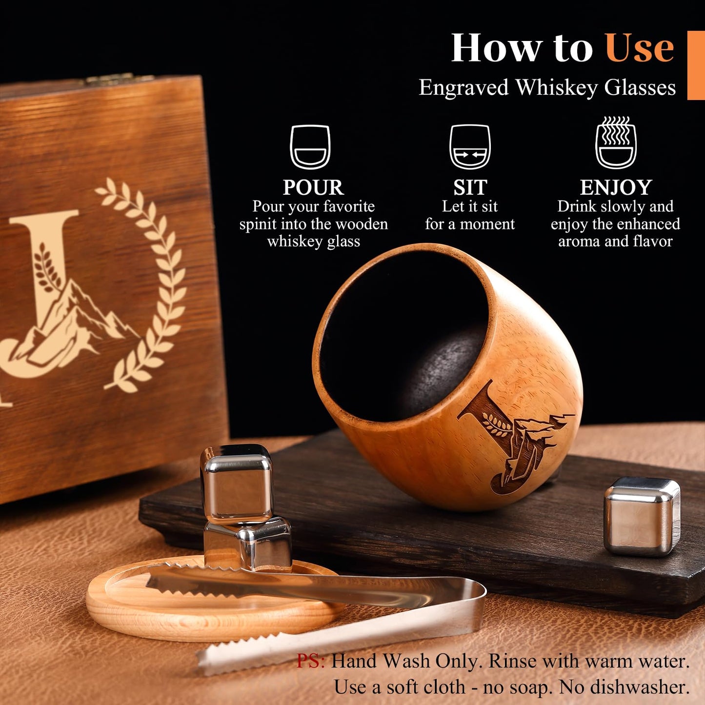 Personalized Gifts for Men, Charred Wooden Whiskey Glasses, Bourbon Old Fashioned Tumbler, Birthday Gifts for Men Dad Husband Brother Boyfriend, Unique Drinking Glass Gifts for Whiskey Lovers (J)