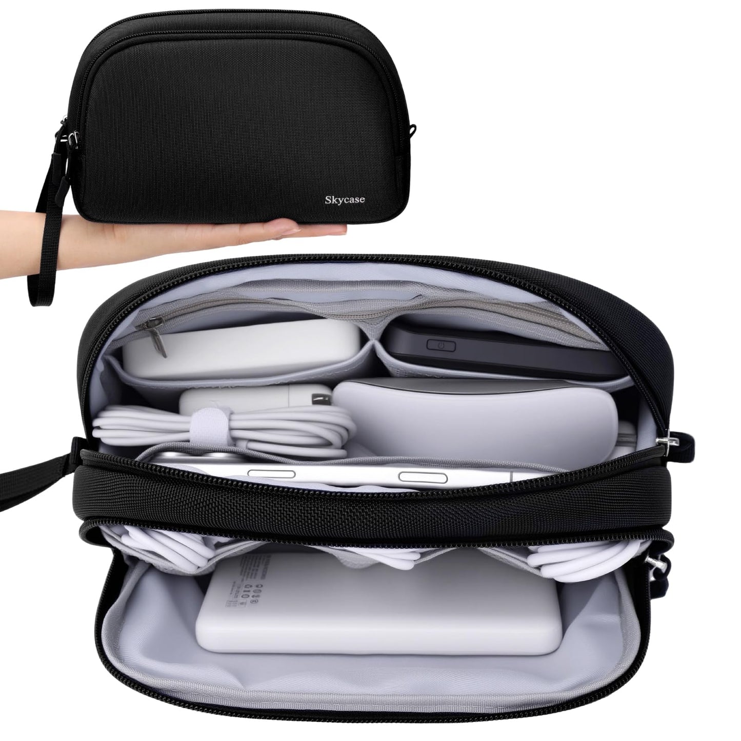 Skycase Travel Cable Organizer - Lightweight Water Resistant Dual-Layer Tech Pouch with Wrist Strap 10 Compartments Electronic Organizer Travel Case for Charger Cord Hard Drive,Medium,Black