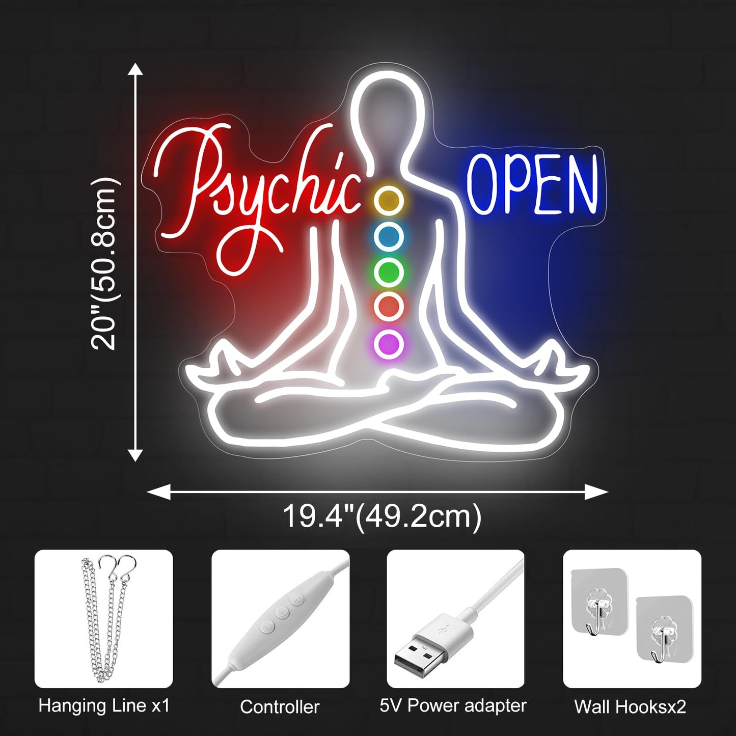 Psychic Open Neon Sign Charka Neon Light, Yoga Led Sign, Exercise Room Wall Decor, Buddha Lotus, Pilates Studio Art Meditation Room Wall Art Yoga Lover Gift, Psychic Chakras Healing Exercise, 20"*x17.3"