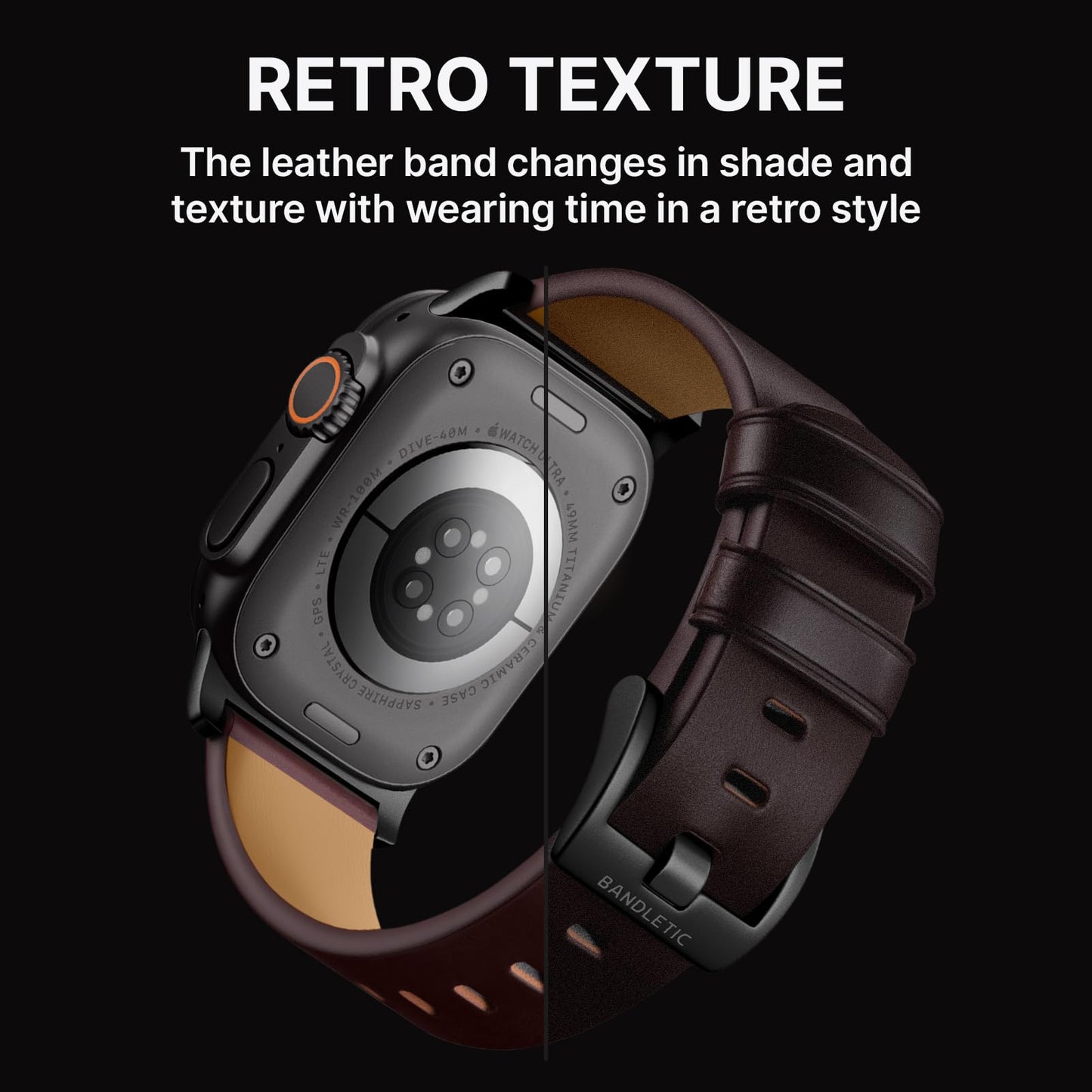 Bandletic Compatible with Apple Watch Ultra 2 Band for Men Women, Soft Genuine Leather Bands Replacement Strap for iWatch 49mm(Ultra 3/2/1),46mm(11/10),45mm(9/8/7),44mm(SE3/SE2/SE/6/5/4),42mm(3/2/1)
