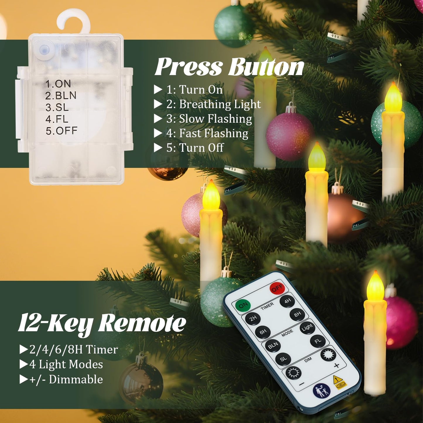 PChero Christmas Tree Candle String Lights with Remote Timer, 30Ft 30 LED Battery Operated Clip on Candles Lights, Waterproof Flickering Flameless Candle String Lights for Home Wedding Party Decor
