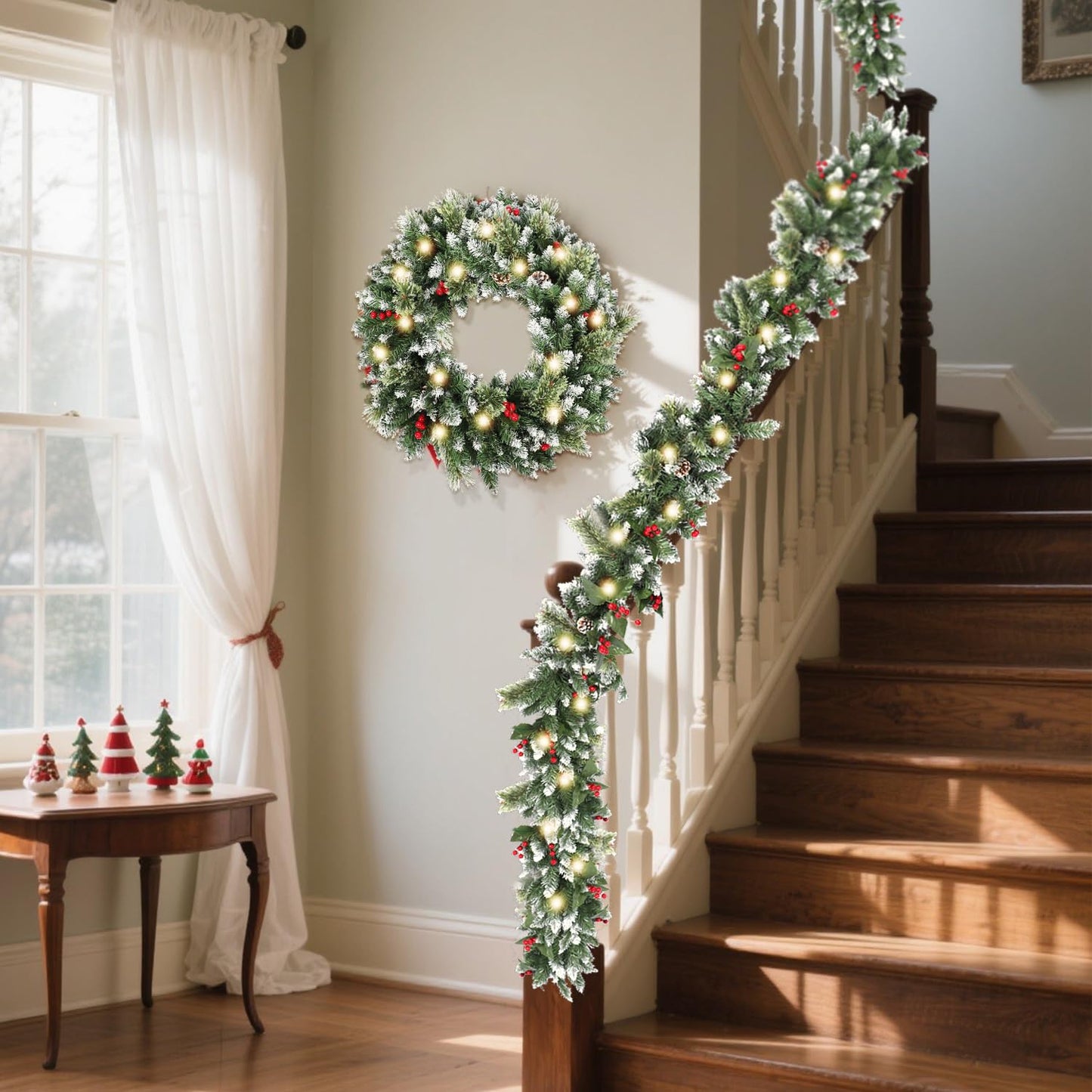 HipTree 9ft Christmas Garland with Lights,Lighted Artificial Flowering Pine Garland for Mantle,Prelit Faux Green Christmas Winter Garland with Pine Cones and Red Berry for Indoor Outdoor Decor