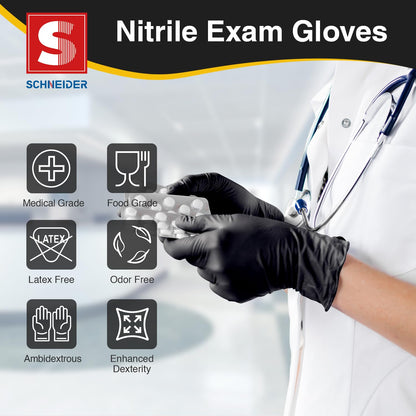 Schneider Gloves Disposable Latex Free, Black Nitrile Gloves Medium Powder Free for Medical, Cooking, Cleaning, Food Prep